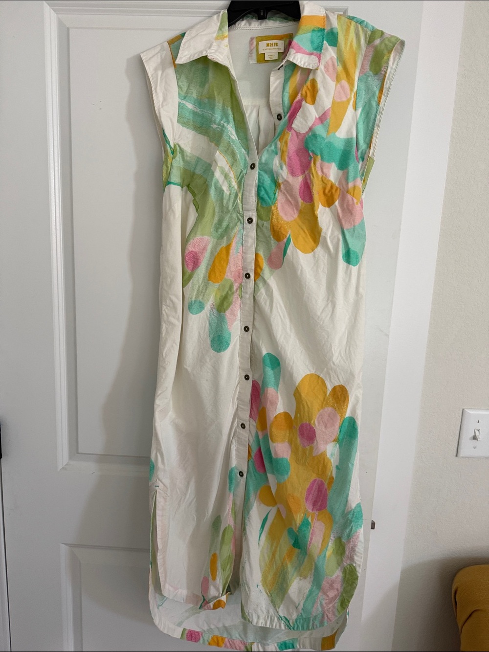Maeve by Anthropologie Maxi Shirt Dress with Yellow, Pink & Teal Abstract Print